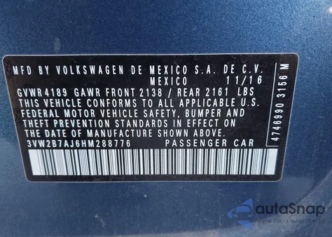 2017 Volkswagen Jetta 1.4T S from USA, damaged, VIN 3VW2B7AJ6HM288776